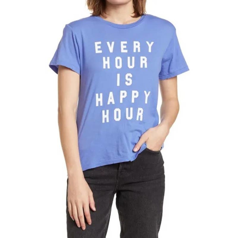Wildfox Women's Blue Every Hour is Happy Hour Graphic Basic T-Shirt Size M